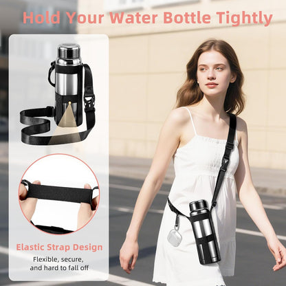 Nuovoware Water Bottle Holder With Strap, 2 Pack Elastic Water Bottle Sling Bag for 20-40 Oz, Lightweight Crossbody Bag With Shoulder Strap for Walking Hiking Camping Traveling, Black+Black