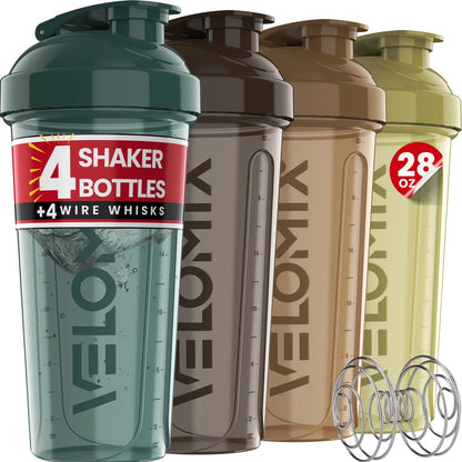 VELOMIX -4 Pack- 28 oz Protein Shaker Bottles for Protein Mixes - 4x Wire Whisk | Leak Proof Shaker Cups for Protein Shakes | Stackable Protein Shaker Bottle Pack (A1) Silver Aurora