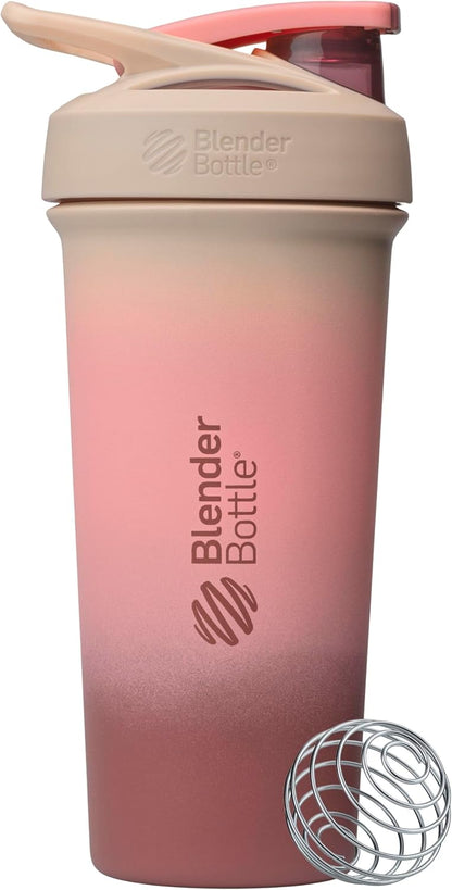 BlenderBottle Strada Shaker Cup Insulated Stainless Steel Water Bottle with Wire Whisk, 24-Ounce, White