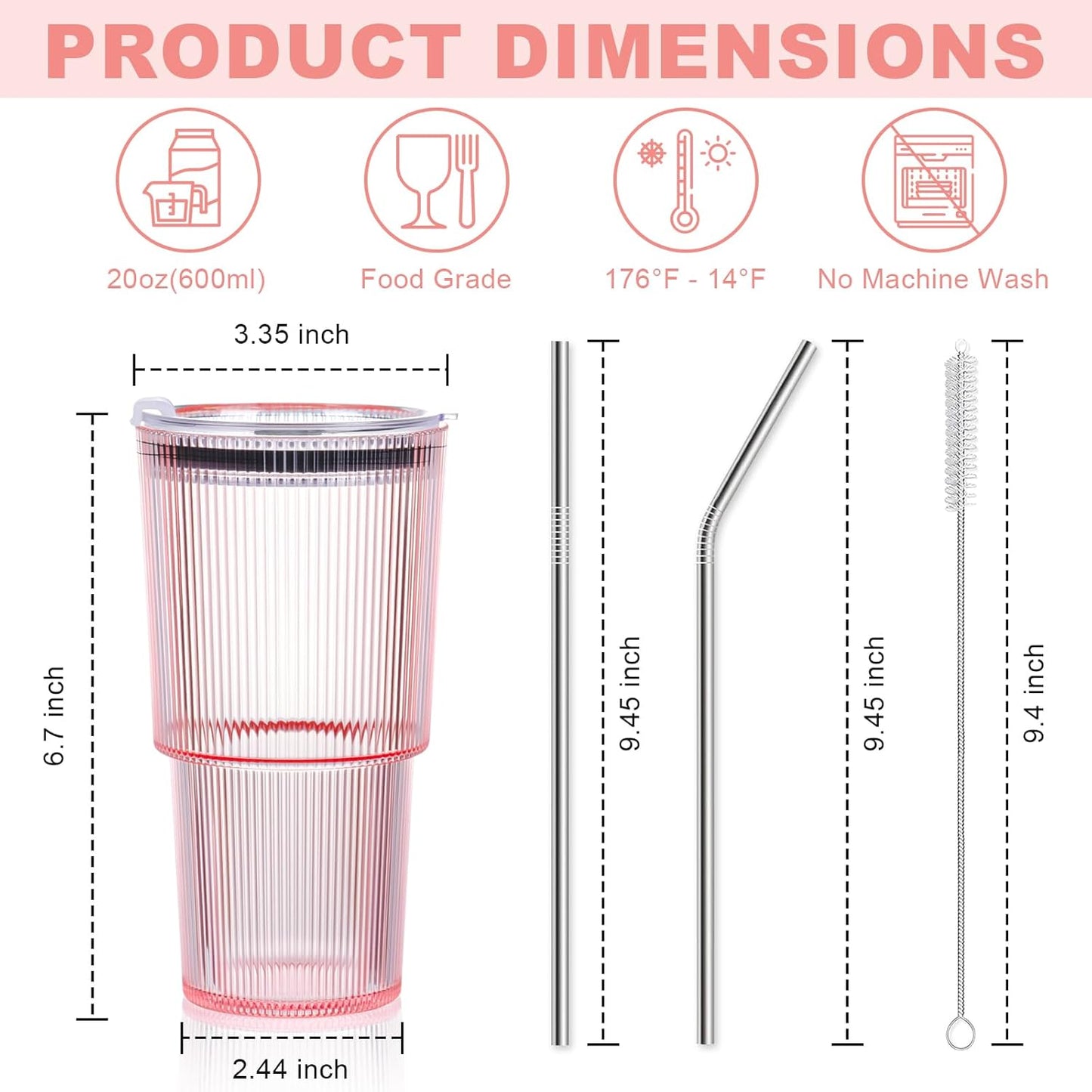 4 Pcs 20oz Plastic Ribbed Tumblers with Lid and Straws Blue Plastic Reusable Iced Coffee Cups with Lid Unbreakable Vintage Ribbed Drinking Glasses Tumbler for Juice Smoothie Beverage with Clean Brush