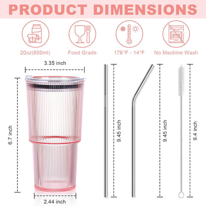 4 Pcs 20oz Plastic Ribbed Tumblers with Lid and Straws Blue Plastic Reusable Iced Coffee Cups with Lid Unbreakable Vintage Ribbed Drinking Glasses Tumbler for Juice Smoothie Beverage with Clean Brush