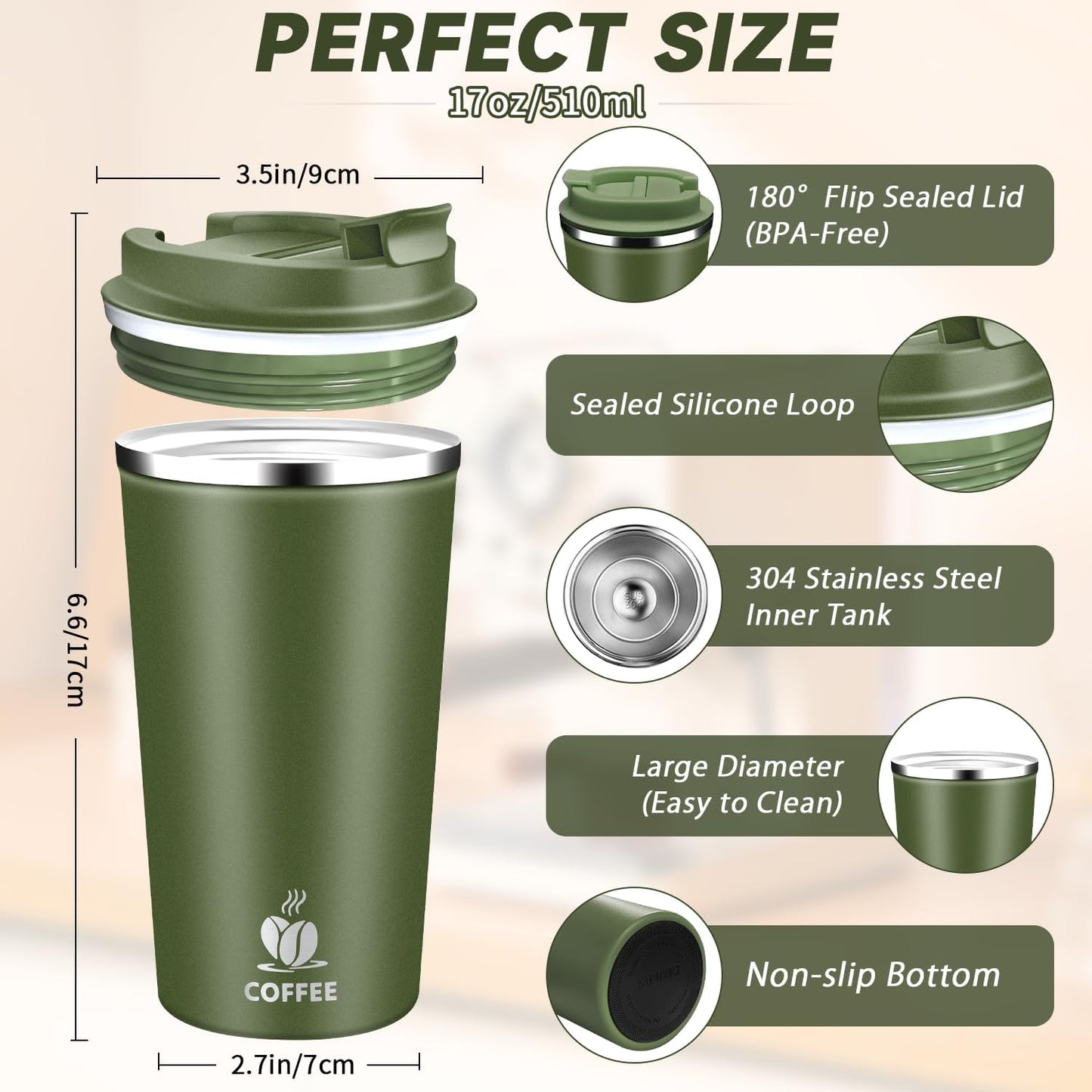 Insulated Travel Coffee Mug Reusable Coffee Tumbler Cup with Flip Lid Leak Proof Spill Proof for Office School Party Camping Hot and Cold Drink,Stainless Steel 17oz (Black)