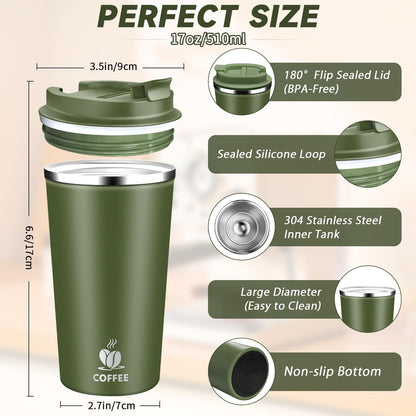 Insulated Travel Coffee Mug Reusable Coffee Tumbler Cup with Flip Lid Leak Proof Spill Proof for Office School Party Camping Hot and Cold Drink,Stainless Steel 17oz (Black)