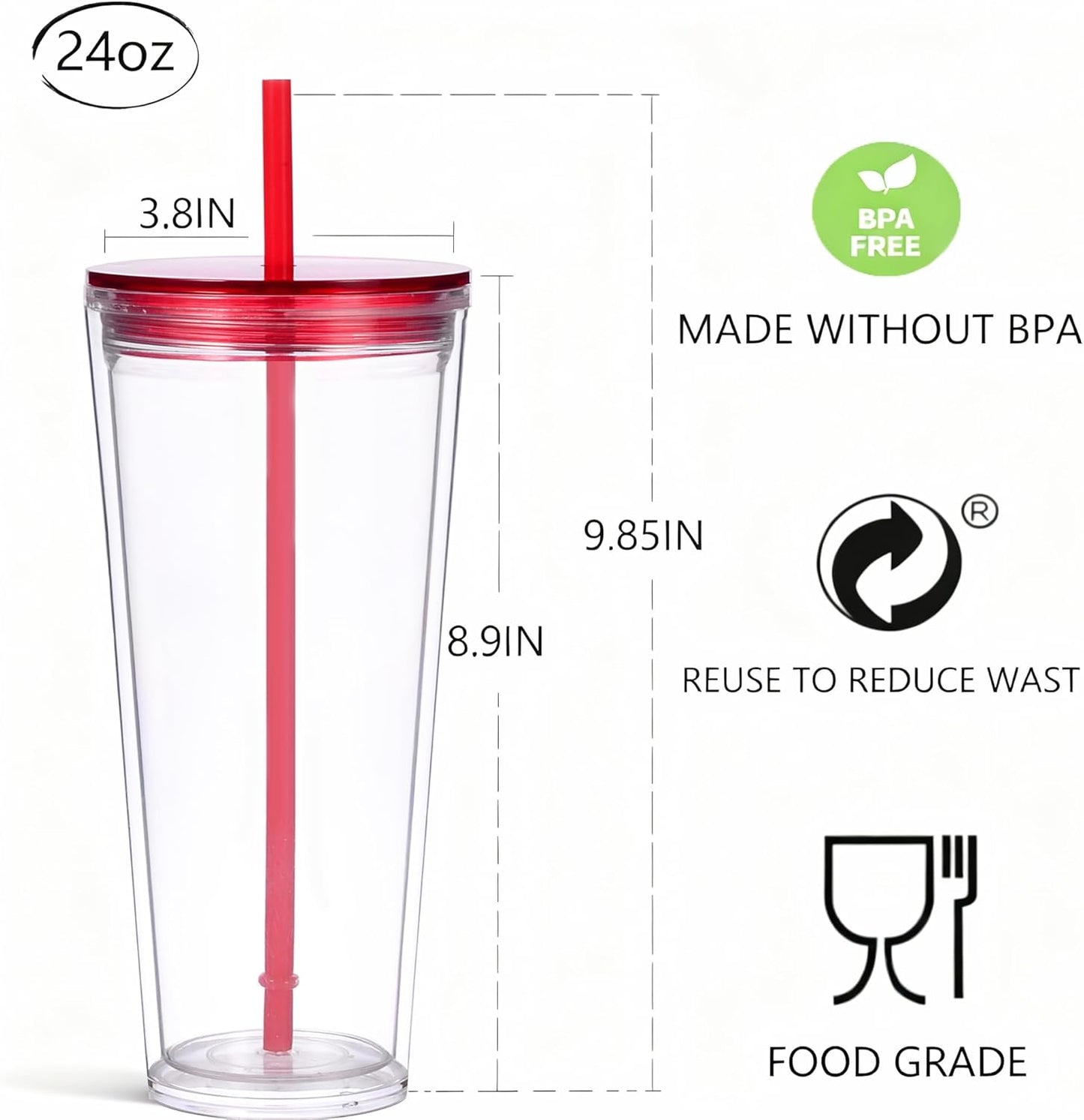 24oz Tumbler with Lid and Straw, Leak Proof and Double Wall Insulated Reusable Plastic Cups,Travel Reusable Iced Coffee Cup (1, Pink)