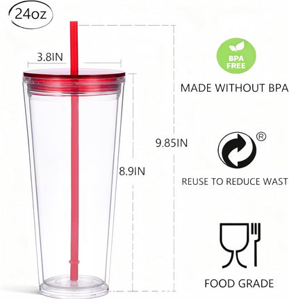 24oz Tumbler with Lid and Straw, Leak Proof and Double Wall Insulated Reusable Plastic Cups,Travel Reusable Iced Coffee Cup (1, Pink)