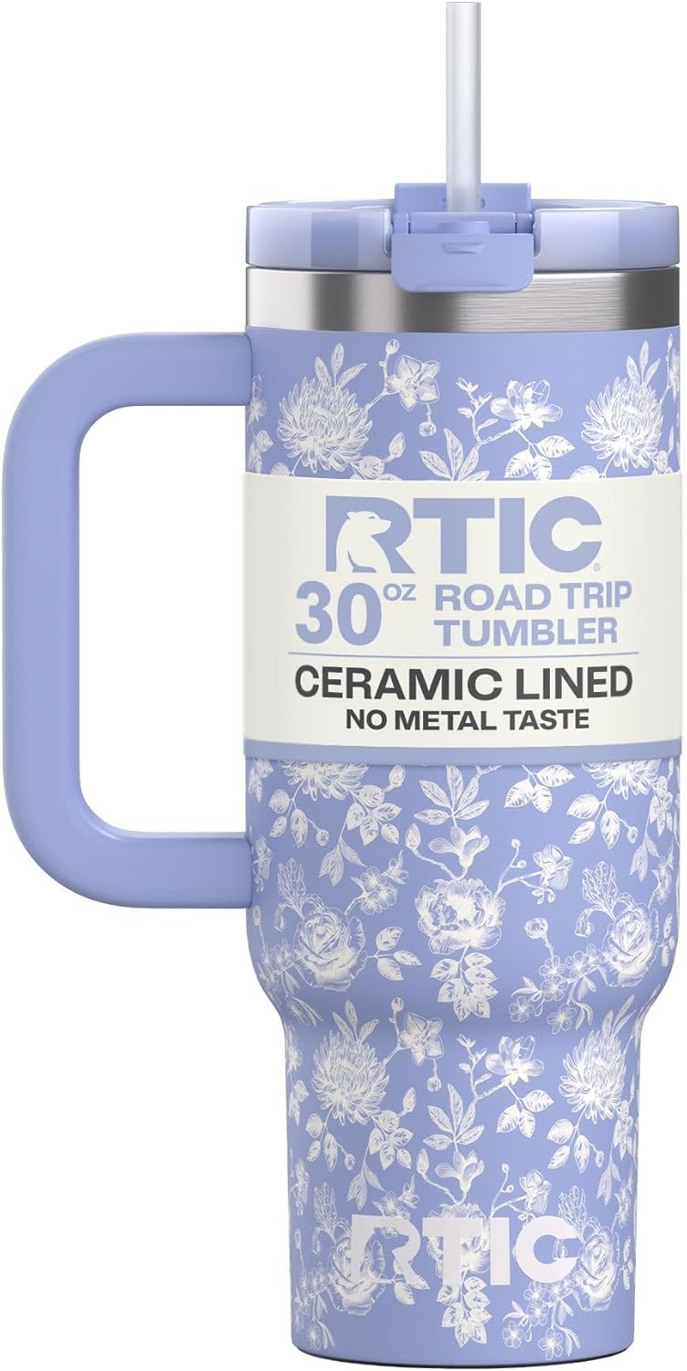 RTIC 30 oz Road Trip Tumbler Double-Walled Ceramic Lined InsulatedStainless Steel Portable Travel Coffee Mug Cup with Lid, Handle and Straw, Periwinkle Bouquet