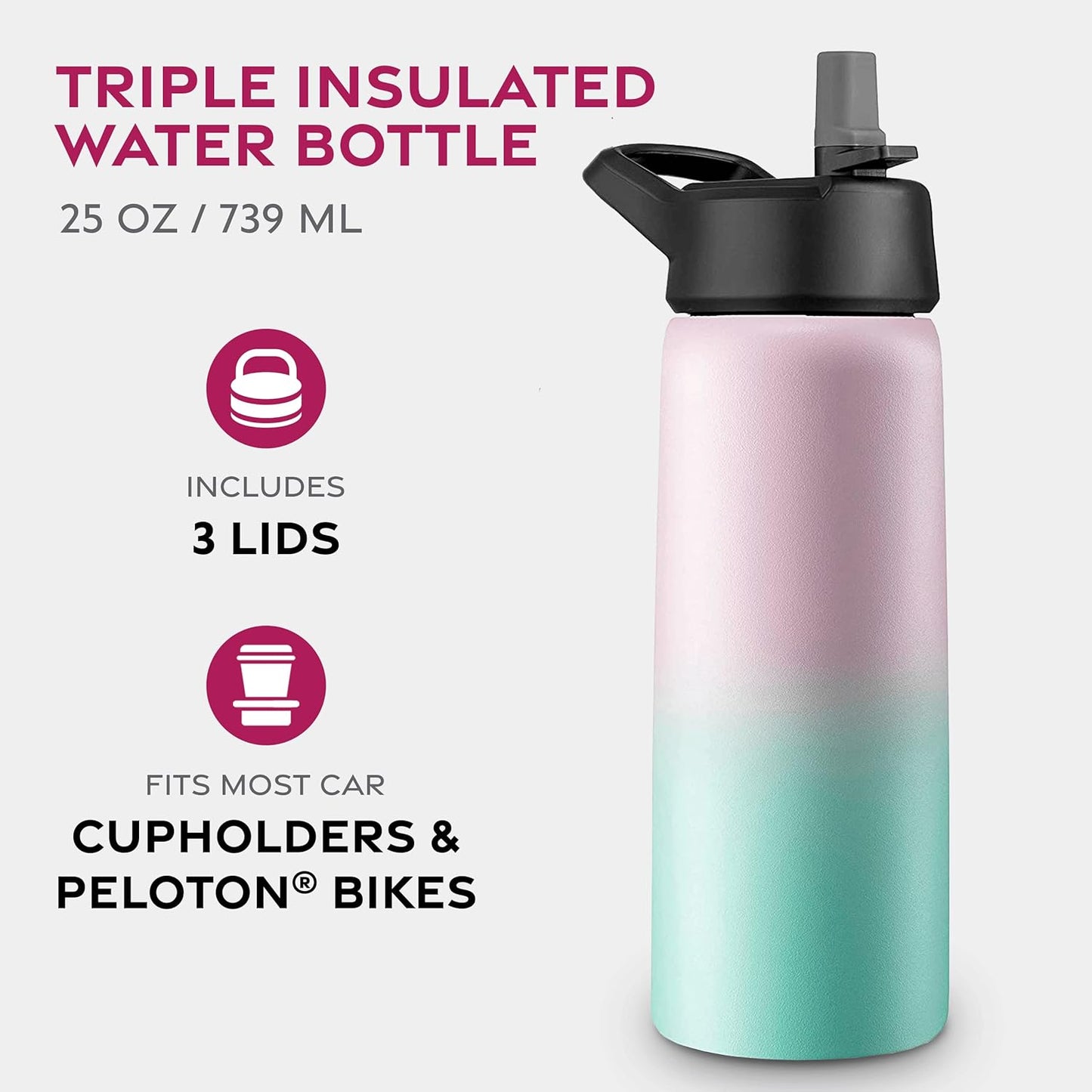 FineDine Water Bottle - Stainless Steel Insulated Water Bottle with Straw Lid, Flip Lid & Wide-Mouth Cap - Keeps Hot and Cold - 25 Oz / 739ml - Dreamy Purple