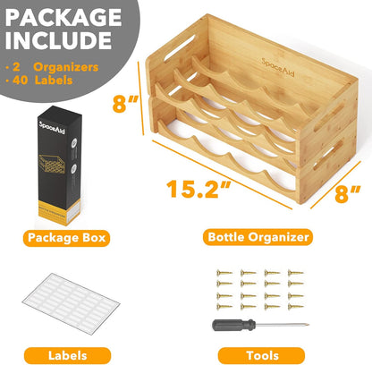 SpaceAid Bamboo Water Bottle Organizer with Labels, Kitchen Pantry Water Bottle Storage Rack for Cabinets, Home Cup and Wine Bottle Holder Shelf Organizers, 2 Pack 4-Slot, Hold 8 Bottles