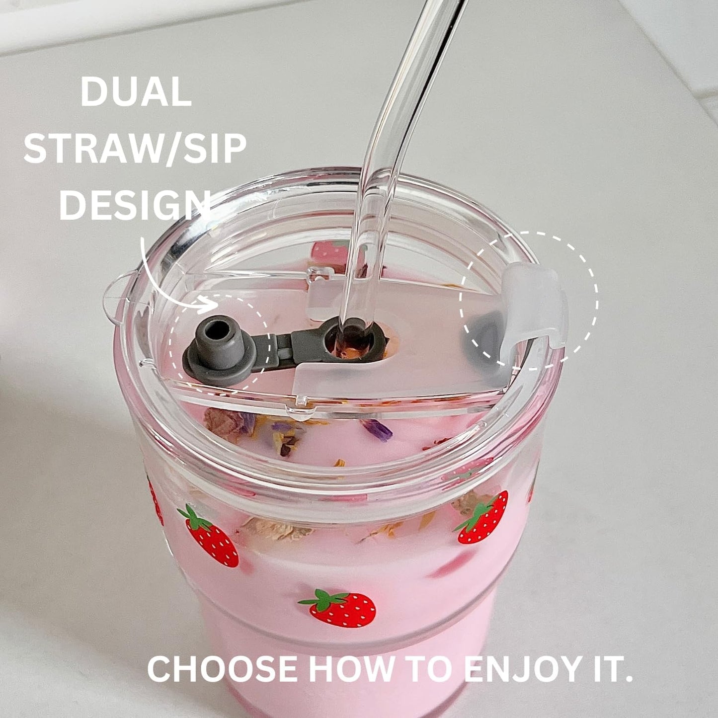 Olvini 13oz Glass Tumbler with Straw and Lid, Reusable Iced Coffee Cup Tumbler, Cute Glass Cups for Water, Matcha, Travel Coffee Mugs (Daisy)