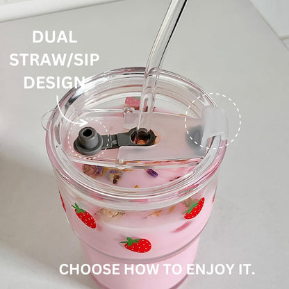 Olvini 13oz Glass Tumbler with Straw and Lid, Reusable Iced Coffee Cup Tumbler, Cute Glass Cups for Water, Matcha, Travel Coffee Mugs (Daisy)