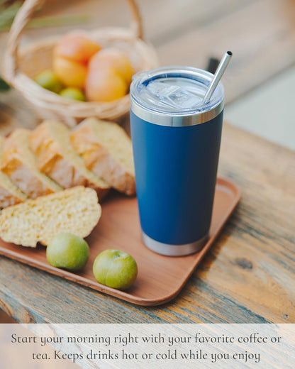 Travel Coffee Tumbler 20oz, Leakproof Travel Coffee Mug with Dual Lids and Straw, Stainless Steel Double Wall Vacuum Insulated Tumbler for Hot/Iced Drinks (Navy Blue, Textured Matte)