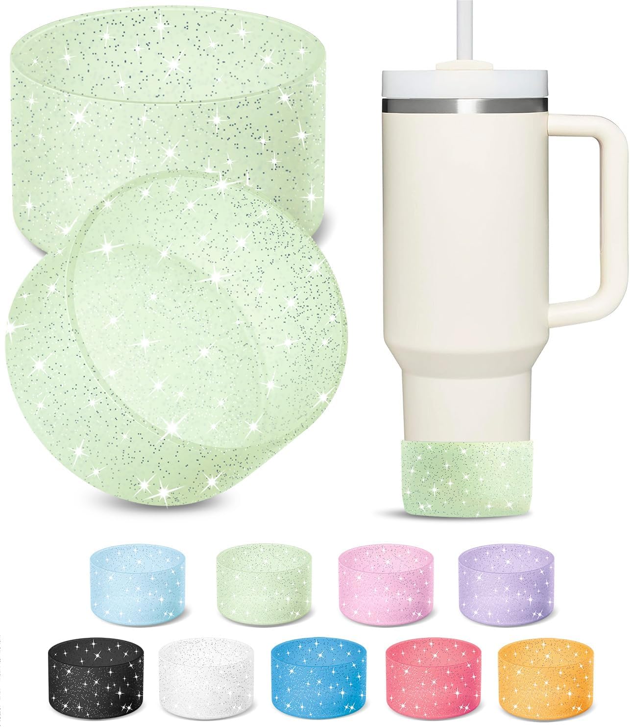 KTKUDY 2 PCS Glitter Silicone Boot Compatible with Stanley Tumbler 20 30 40 oz & Fits Hydro Flask Water Bottle 12-24oz & Fits Yeti, Simple Modern, Owala Cup - Bling Cup Bottom Protector Accessories