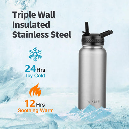 WixByti 40 oz Insulated Water Bottle with Straw (Cold for 36 Hrs), Stainless Steel Triple Wall Vacuum Sports Water Jug, Leakproof Hydro Cup Flask with Paracord Handle & Straw Spout Lids & DIY Stickers