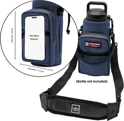 NATURE PIONEOR Water Bottle Holder with Adjustable Strap - 26/32/36/40/46/64oz Insulated Water Bottle Sling Carrier with Paracord Handle & 2 Pockets, Outdoor Sports, Hiking, Camping, Gym