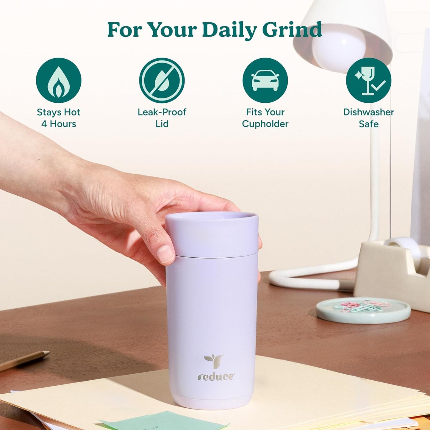 REDUCE Perk 10oz Insulated Coffee Tumbler – Leak-Proof with Lockable Lid and Vacuum Insulation–Durable Stainless Steel–Fits Car Cup Holders–One-Handed Travel Mug in Sand Leopard Print-Gentle Lavender