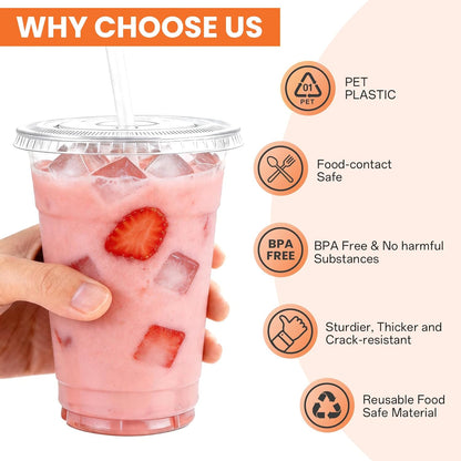 100 Pack 16 oz Plastic Cups with Lids and Straws, Clear Disposable Plastic Cups, Heavy Duty Iced Coffee Cups with Leak-Resistant Lids, Cold Drink Cups for Juice, Coffee and Milk Tea & Party To Go