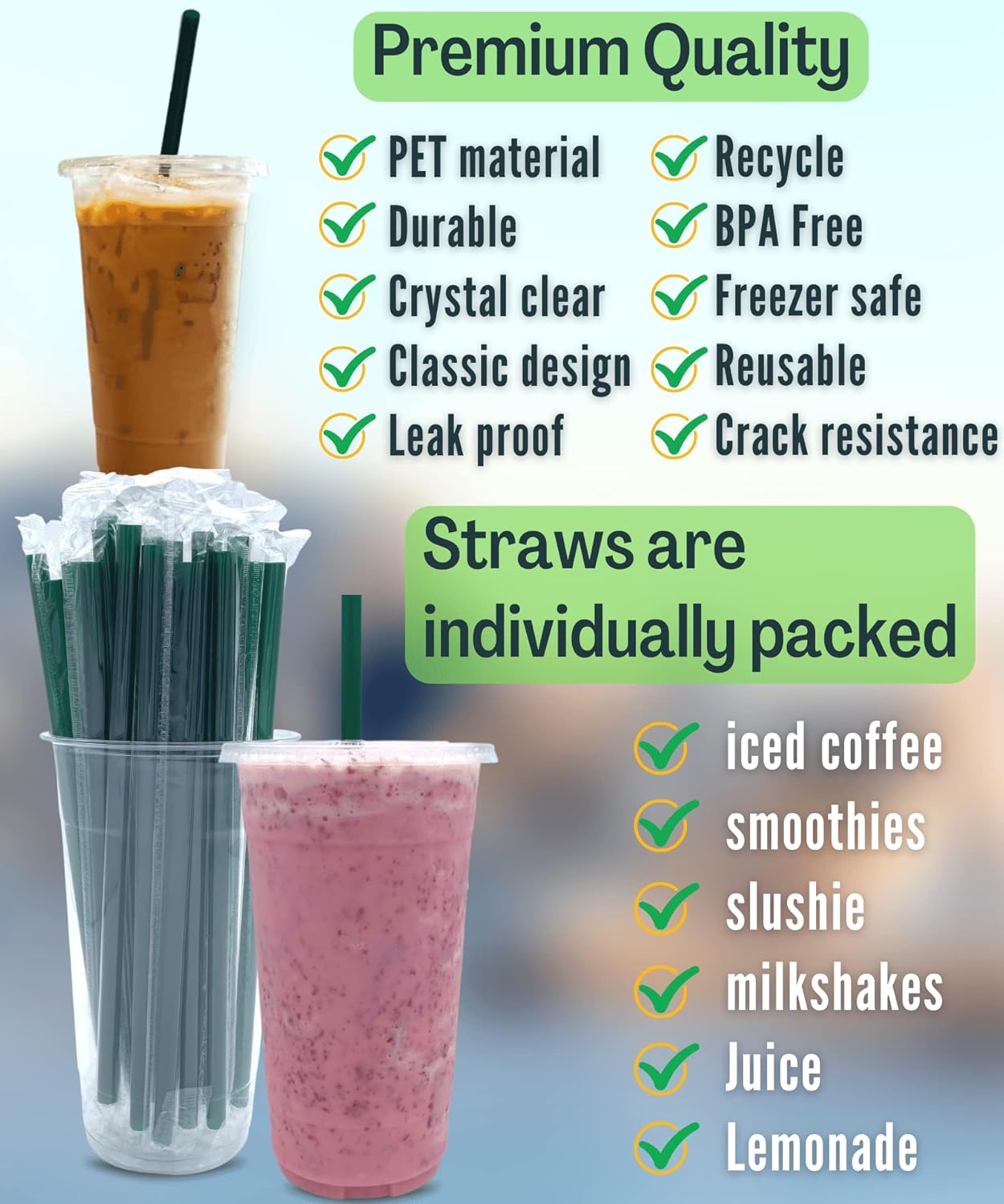 Cappatua 20 oz Clear Plastic Cups with Lids and STRAWS, Disposable Drinking Cups for Cold Drinks, Iced Coffee, Milkshakes, Smoothies, 25 Sets