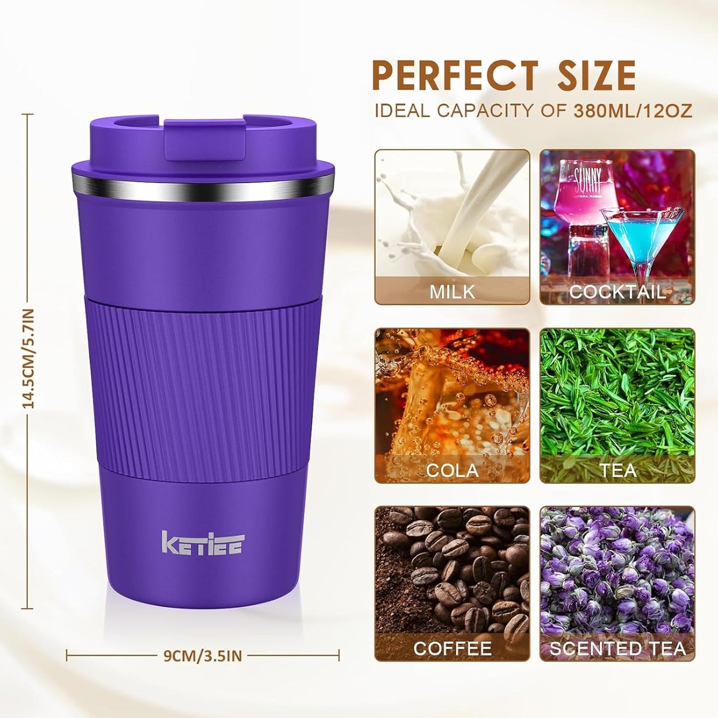 KETIEE Travel Coffee Mug Spill Proof 12oz, Insulated Travel Mug to Go, Reusable Coffee Cup with Seal Lid, Vacuum Stainless Steel Tumbler for Hot/Cold Drinks (Red)