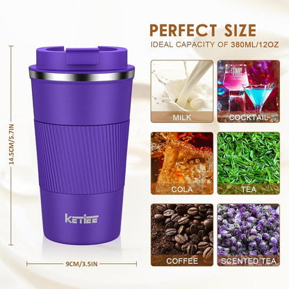 KETIEE Travel Coffee Mug Spill Proof 12oz, Insulated Travel Mug to Go, Reusable Coffee Cup with Seal Lid, Vacuum Stainless Steel Tumbler for Hot/Cold Drinks (Red)