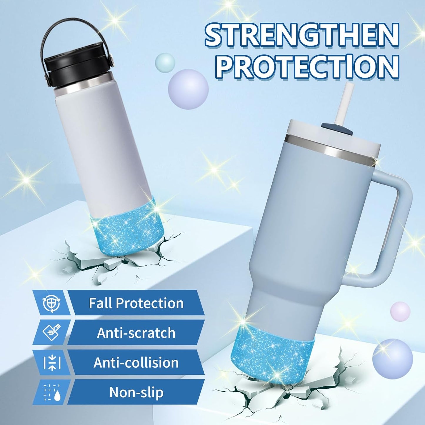 WUQID Protective Bling Silicone Boot Sleeve, Compatible with Stanley Tumbler 20-40oz & Hydro Flask Bottle 12oz-24oz, Glitter Reduces Dents Sleeve Cover for More Bottles/Tumblers Bottom of 2.83-2.95in