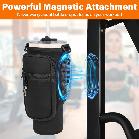 Magnetic Water Bottle Carrier Bag Compatible with Stanley/Meoky 40 oz Tumbler with Handle,Water Bottle Holder Pouch with Adjustable Shoulder Strap & Phone Pocket Fits for Stanley Cup Accessories