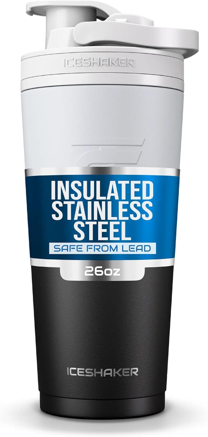 Ice Shaker Insulated Stainless Steel Shaker Bottle | 26oz, Black | Cold for 30+ Hours | Insulated Cup with Twist-on Agitator | Odor-Free Bottle for Protein Shakes, Water, Smoothies, Cocktails