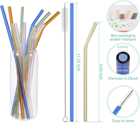 [12 Pcs] Reusable Colorful Long Glass Straws - 11" x 8mm and 9" x 8mm Shatter Resistant Each Including 3 Straight and 3 Bent with 2 Cleaning Brush Perfect for 30 oz 20 oz Tumblers Juice Coffee