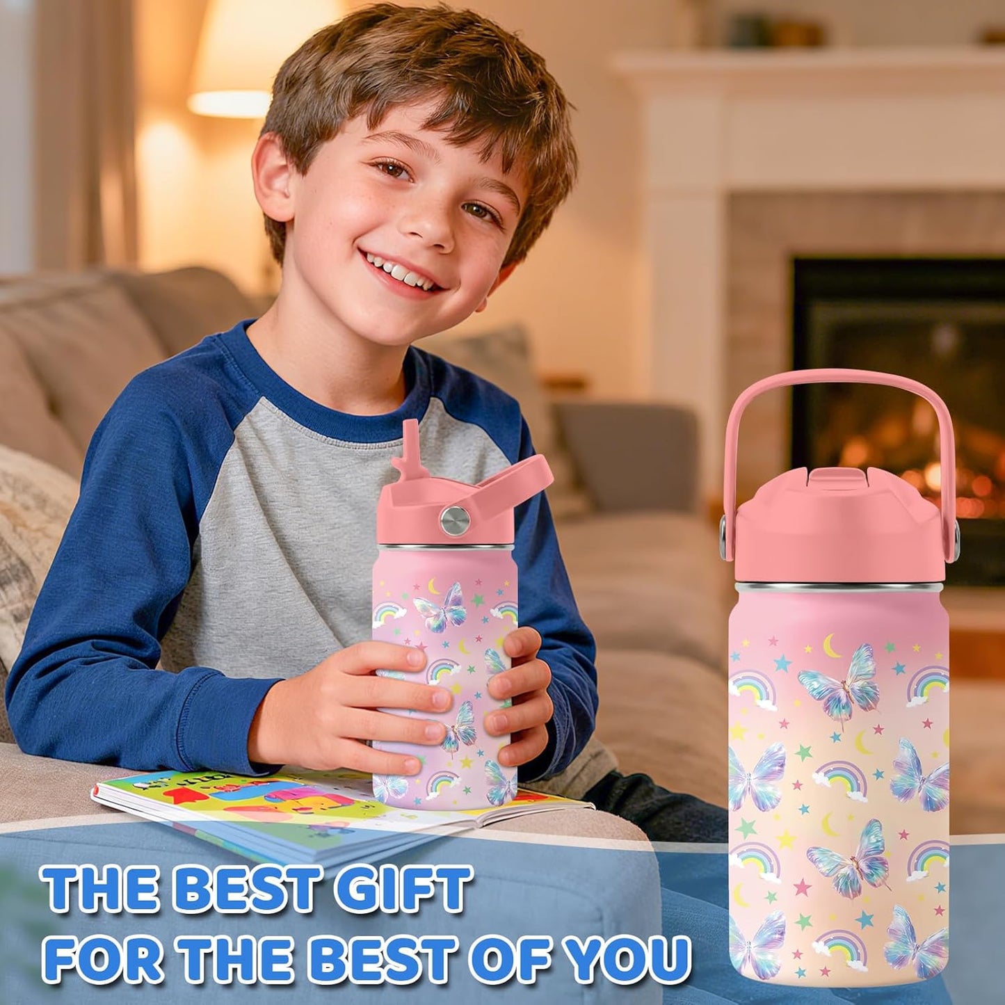 Strawberry Gifts for Kids - 16oz Pink Kids Water Bottle with Straw Lid, Stainless Steel Insulated Water Bottle, Leakproof, BPA-Free, for Girls, School, Strawberry Lover Children Birthday Gift Cup(1pc)