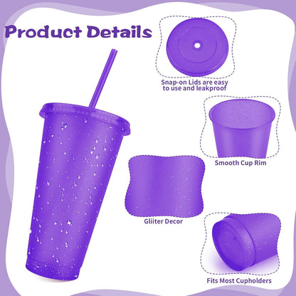 Hxezoc 16-Piece Reusable Cups with Lids and Straws, 24 oz Glitter Plastic Tumbler Iced Coffee Cups Travel Mug Cup for Smoothie Juices Beach or Bachelor Party (Black)