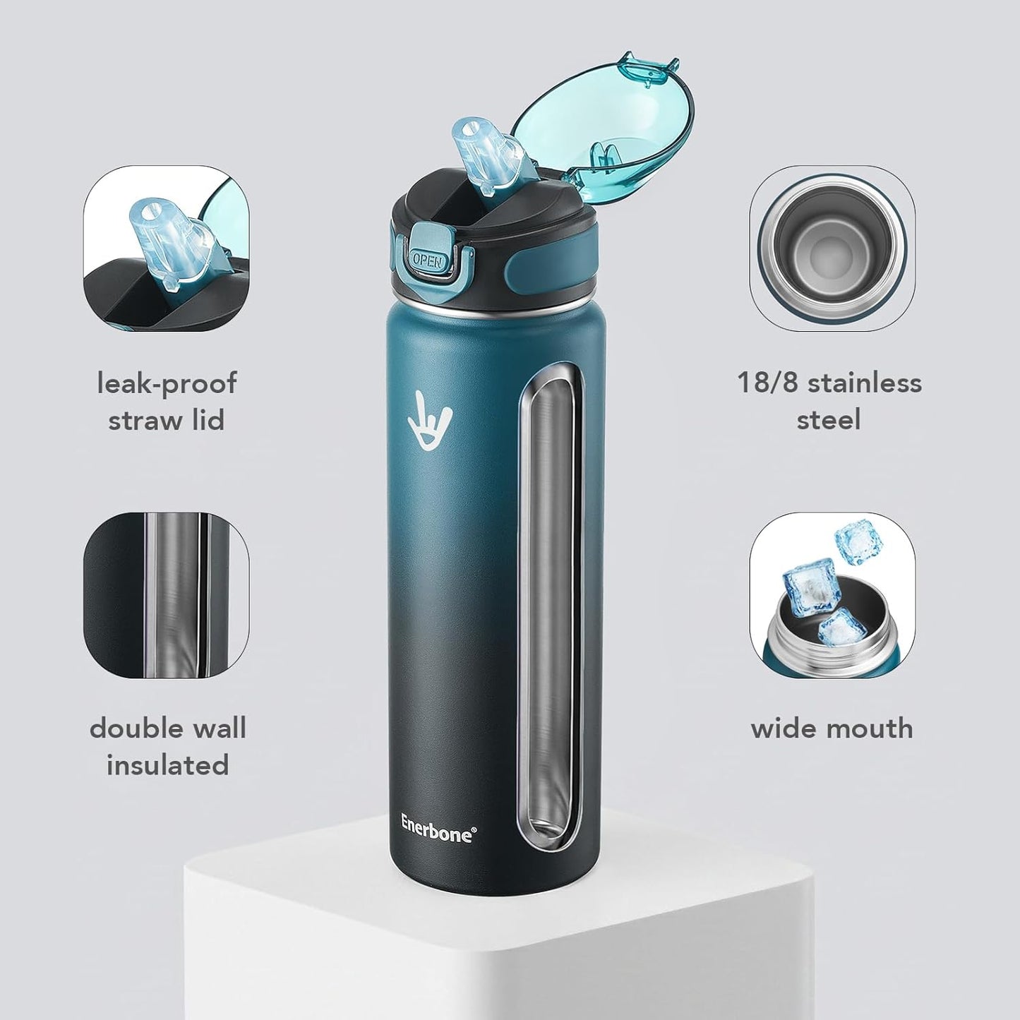 Enerbone 24 oz Insulated Water Bottle, Stainless Steel Bottle with Carrying Strap, Double-Wall Vacuum Insulation Design, Leakproof Sports Bottle with Straw, Keep Drinks Cold or Hot for Hours