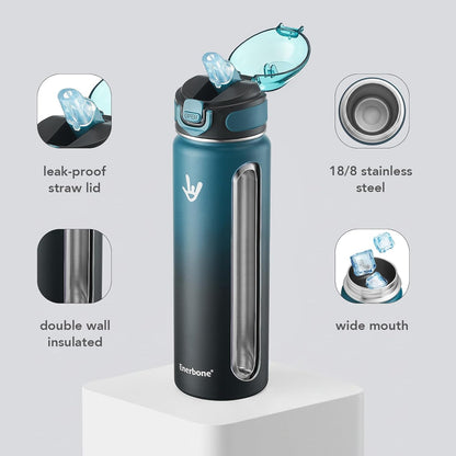 Enerbone 24 oz Insulated Water Bottle, Stainless Steel Bottle with Carrying Strap, Double-Wall Vacuum Insulation Design, Leakproof Sports Bottle with Straw, Keep Drinks Cold or Hot for Hours