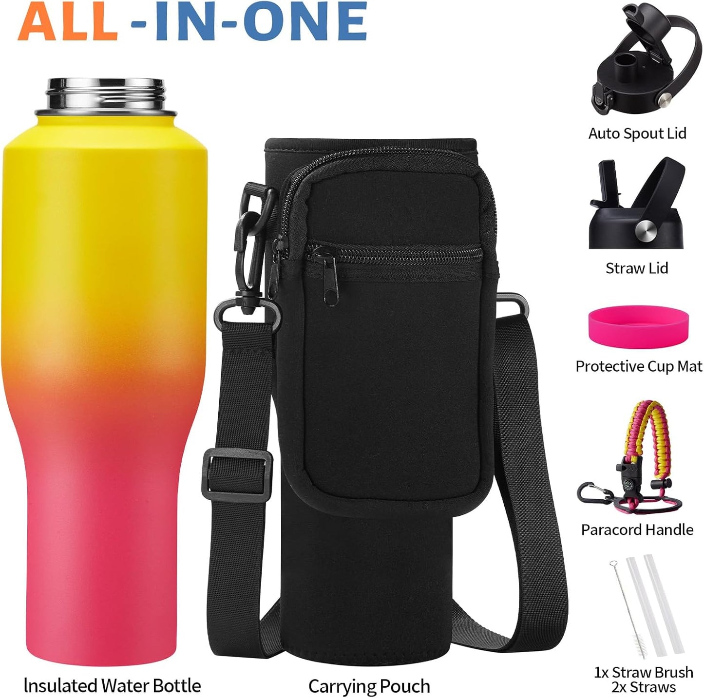 Insulated Water Bottle 40 oz - Fits in any Car Cup Holder, Keep Cold 48H Hot 24H, Stainless Steel Waterbottle Double Wall Flask with Straw, Pop-up Spout Lid, Paracord Handle, Carrier Bag