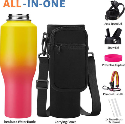 Insulated Water Bottle 40 oz - Fits in any Car Cup Holder, Keep Cold 48H Hot 24H, Stainless Steel Waterbottle Double Wall Flask with Straw, Pop-up Spout Lid, Paracord Handle, Carrier Bag