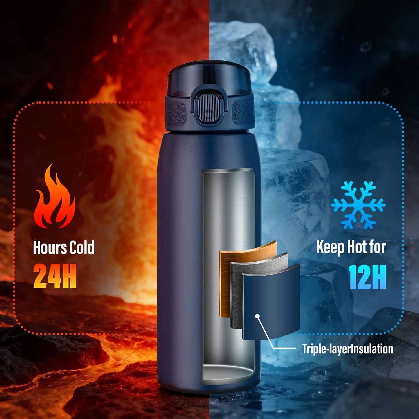 Insulated Water Bottle 24 oz with Dustproof Lid, Carry Handle & Tea Infuser, BPA-Free & Leakproof, Stainless Steel Water Bottles Ideal for Fitness, Hiking, Office & Outdoor Use (Black)