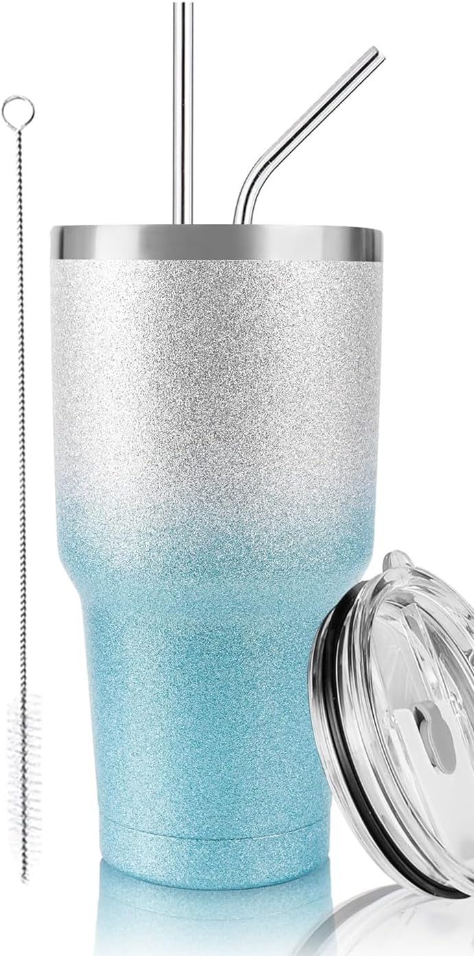 D·S 30oz Blue Tumbler Stainless Steel Double Wall Vacuum Insulated Mug with Straw and Lid, Cleaning Brush for Cold and Hot Beverages