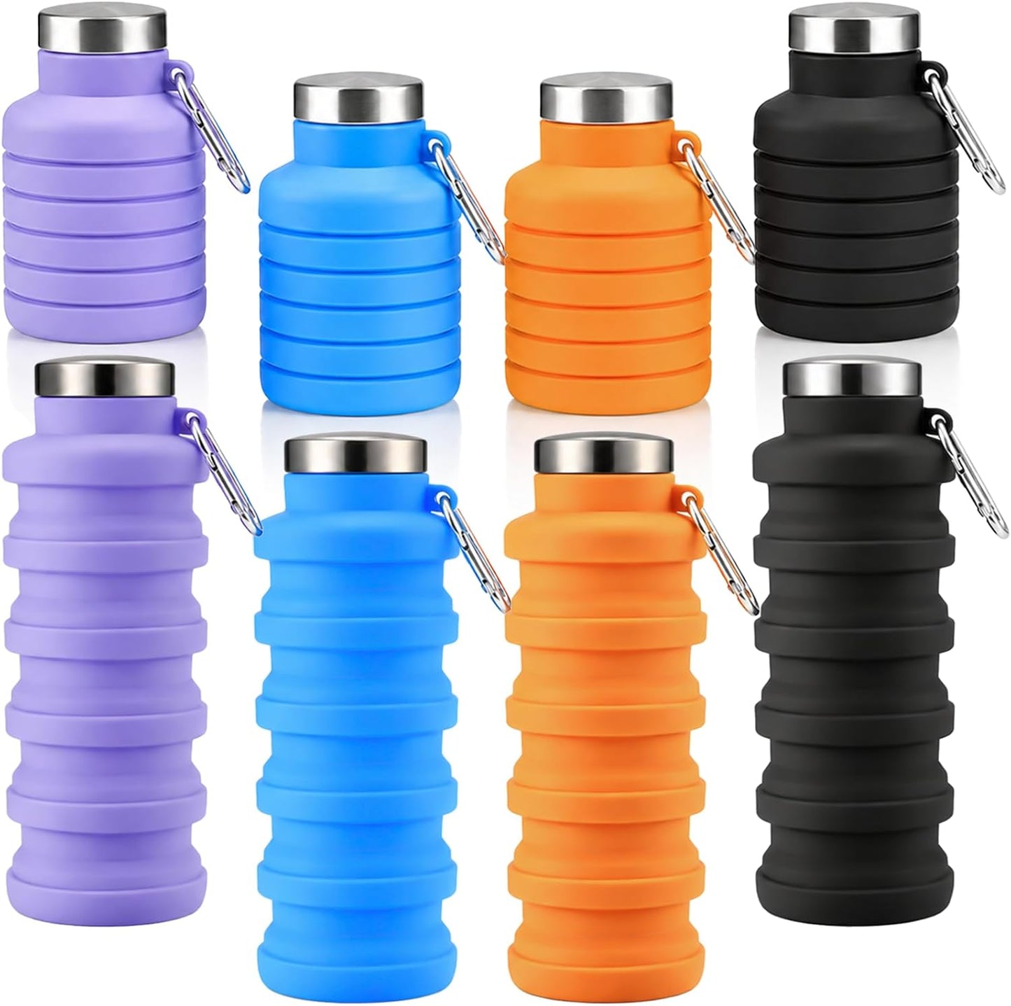 4 Pack Collapsible Water Bottles, 16oz Portable Reusable Silicone Water Bottle, Foldable Water Bottles for Travel Gym Camping Hiking, Leak Proof Sports Water Bottle with Carabiner (Bright Color)