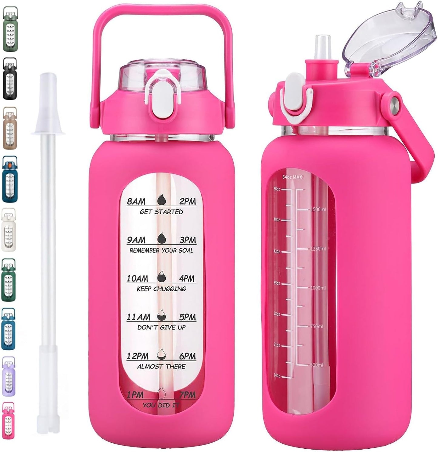 64oz Glass Water Bottles with Straw, Half Gallon Motivational Glass Bottle with Silicone Sleeve and Time Marker, 2L Leakproof Large Glass Water Jug for Gym Home Office,olive