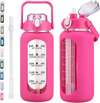 64oz Glass Water Bottles with Straw, Half Gallon Motivational Glass Bottle with Silicone Sleeve and Time Marker, 2L Leakproof Large Glass Water Jug for Gym Home Office,olive