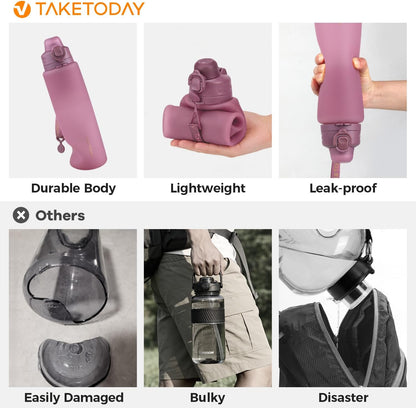 TakeToday Collapsible Water Bottles 32oz, Foldable Travel Bottle, TSA-Approved Leakproof Newly Silicone Water Bottle for Hiking, Travel, Outdoors, Black
