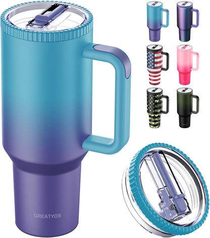 Greatyos 40 oz Tumbler with Handle and Flip Straw Lid - Upgraded Traveler 40oz Tumblers with Lids Straws Vacuum Insulated Leak Proof Stainless Steel Cup Mug Gifts for Men Women Him Her (Ocean Dream)