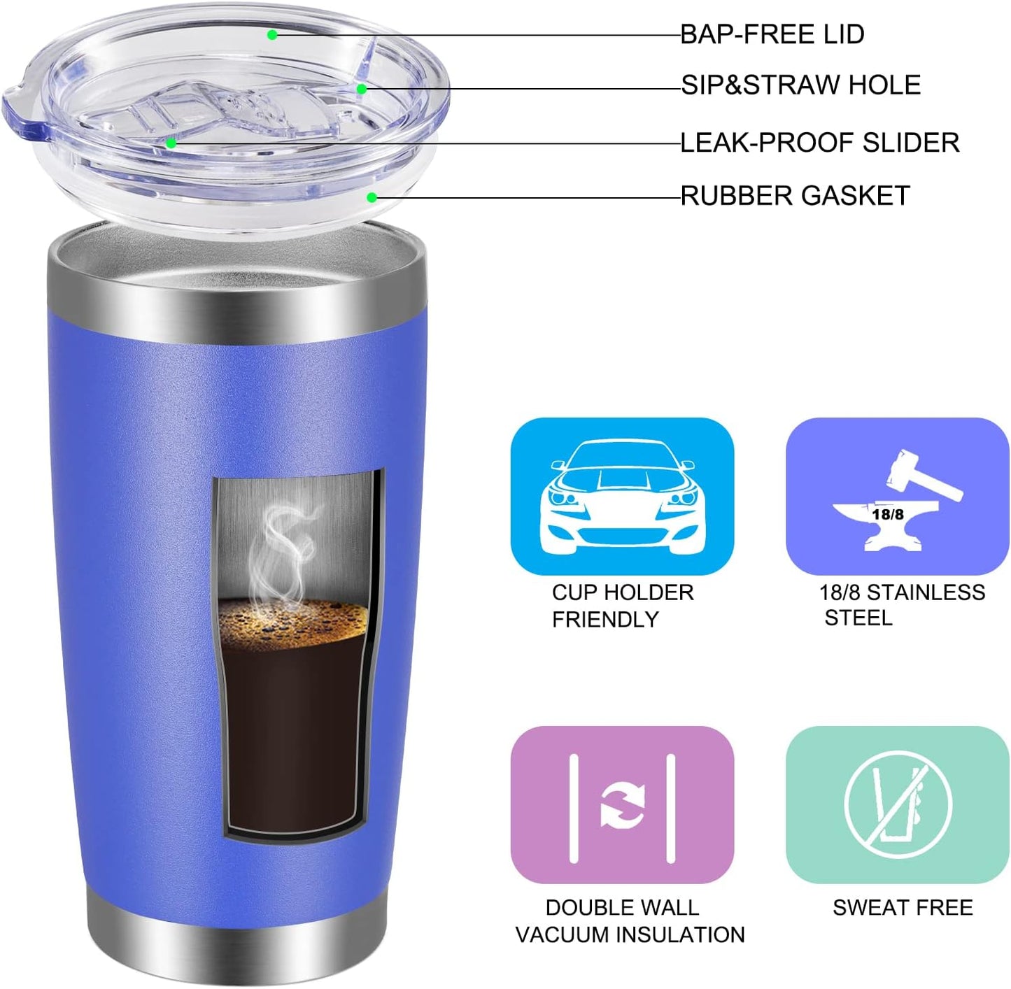 VEGOND 20oz Tumbler with Lid and Straw Stainless Steel Tumbler Cup Bulk Vacuum Insulated Double Wall Travel Coffee Mug Powder Coated Coffee Cup, Black, 12 Pack