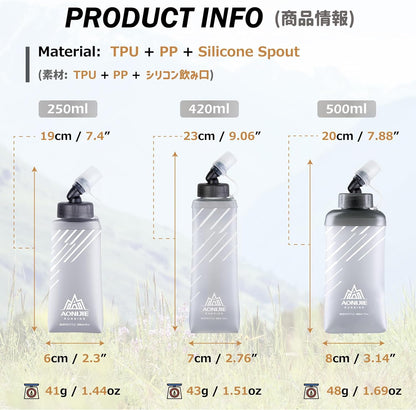 Azarxis TPU Soft Flask Collapsible Water Bottles BPA-Free 250ml 350ml 500ml for Hydration Vest Pack Running Hiking Cycling Climbing