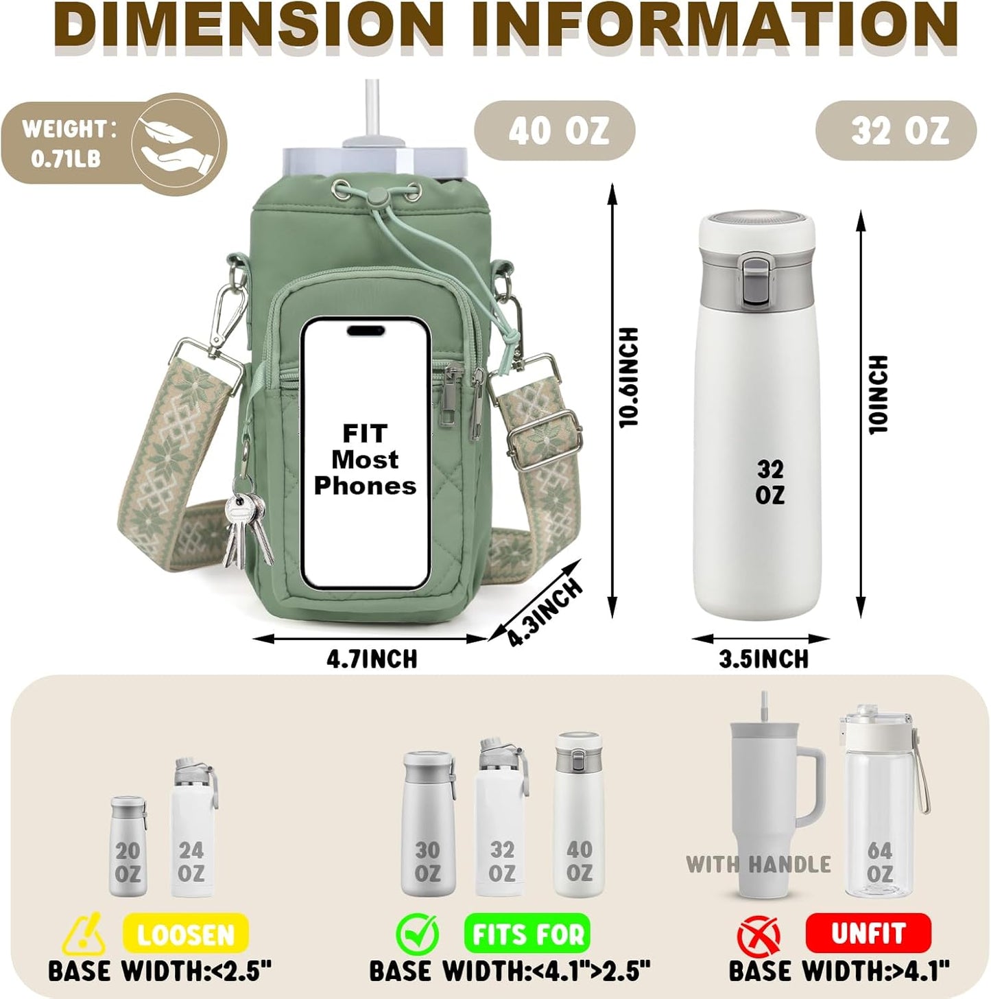 Water Bottle Holder with Strap, 32oz 40oz Insulated Water Bottle Carrier Bag, Purse Crossbody Sling Bag with Phone Pocket for Walking Hiking