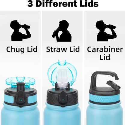 Oldley Insulated Water Bottle 20oz for Adults Kids Stainless Steel Water Bottles with Straw/Chug/Carabiner 3 Lids Fruit Strainer Double Wall Vacuum Wide Mouth BPA Free Leak-Proof for School Travel