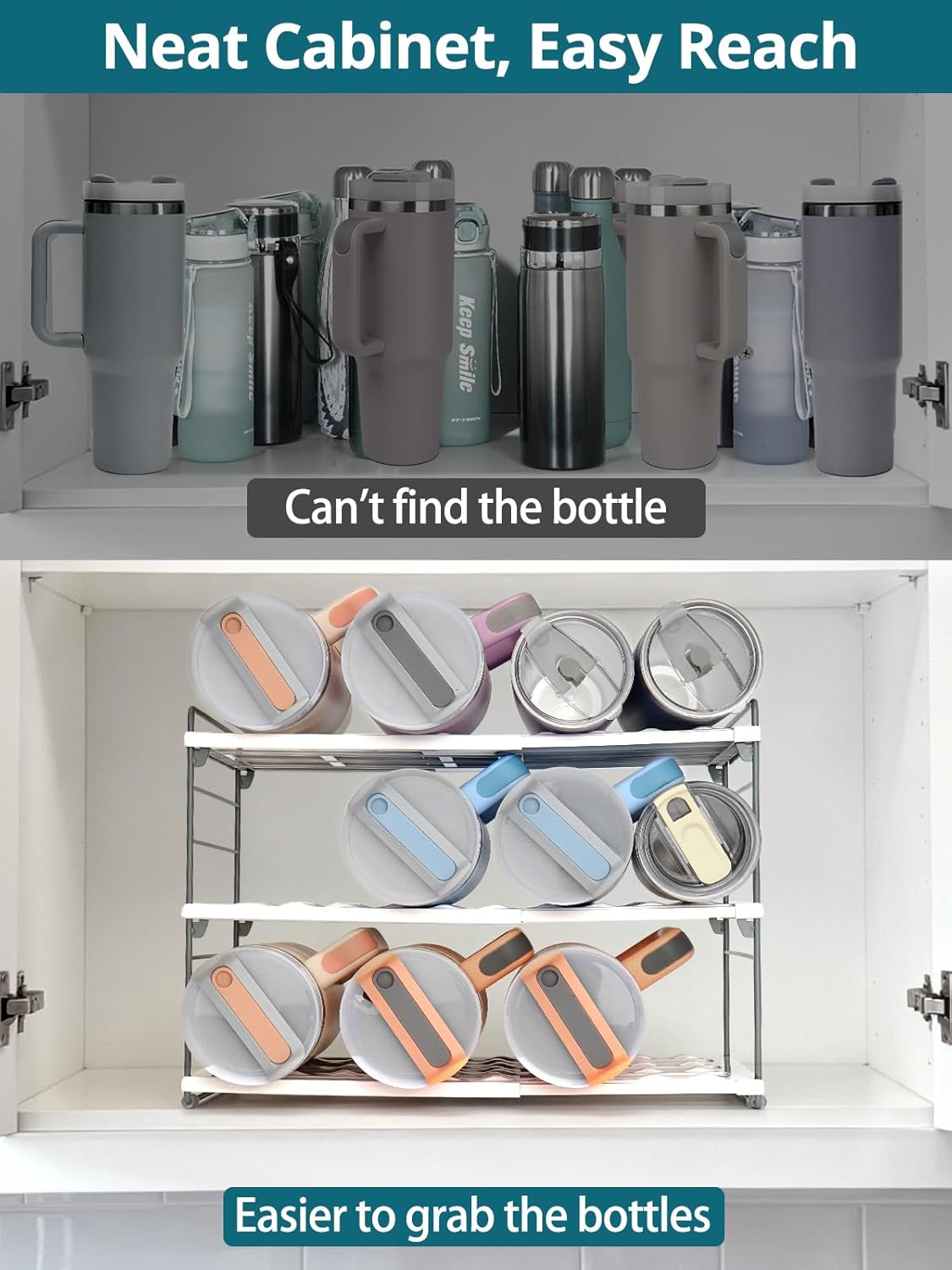 10.6-16.7" Adjustable Width Water Bottle Organizer for Cabinet, 3-Tier Expandable Water Bottle Holder Rack, Cup and Tumbler Storage for Kitchen Organization, Sports Flask, Insulated Travel Mug, Fridge