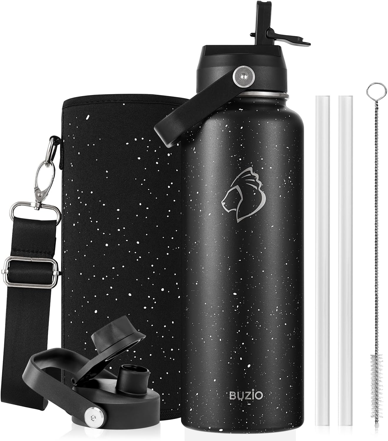 BUZIO 40oz Insulated Water Bottle, Triple Wall Vacuum Stainless Steel Water Flask with 2 lids, Lead-Free BPA-Free Straw Lid Sports Canteen Jug, Cold 48H & Hot 24H- Black - Colors A