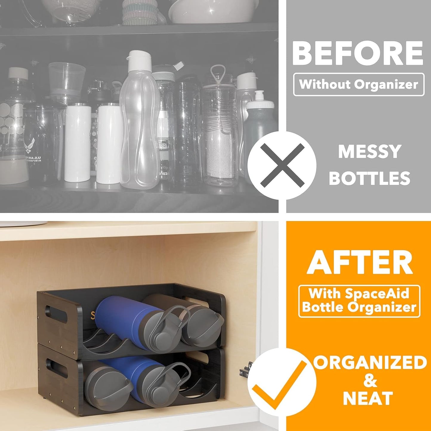 SpaceAid Bamboo Water Bottle Organizer with Labels for Kitchen and Pantry, Storage Rack for Cabinets, Home Cup and Wine Bottle Holder Shelf Organizers, 2 Pack 3-Slot, Hold 6 Bottles