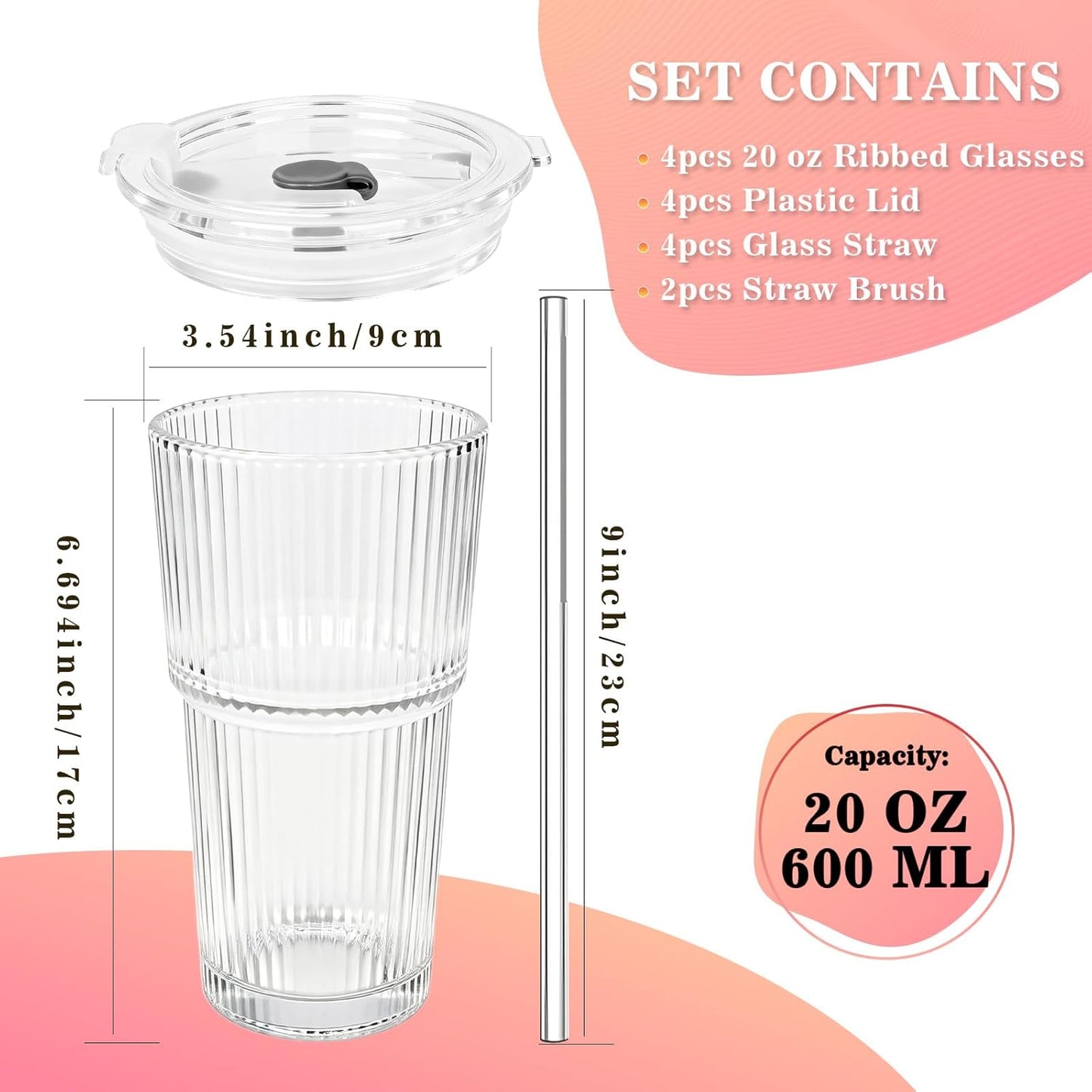 Clear Iced Coffee Cups with Lids - 4 Pack, 20oz Reusable Glass Cups with Lids and Straws, Drinking Tumblers for Cocktail Beer, Juice, Smoothie, Coffee Bar, Housewarming Gifts - Dishwasher Safe