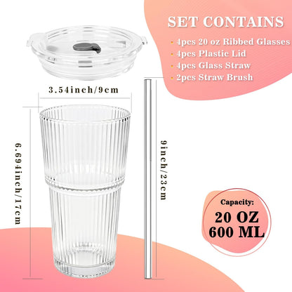 Clear Iced Coffee Cups with Lids - 4 Pack, 20oz Reusable Glass Cups with Lids and Straws, Drinking Tumblers for Cocktail Beer, Juice, Smoothie, Coffee Bar, Housewarming Gifts - Dishwasher Safe