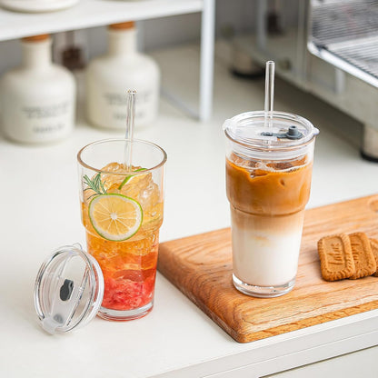 SoulTimes 20oz Glass Cups with Lids and Straws, Ribbed Glass Tumbler for Iced Coffee, Smoothie, Juice & Cold Drinks, Reusable Thick Glassware Set, Elegant Home & Travel Drinkware【2 Pack】